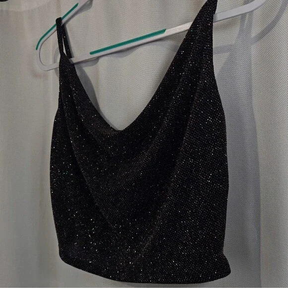 Vtg 90s Mesh Crop Tank Top M Medium Black Whimsigoth Sparkle Glitter Cowl - Picture 3 of 8